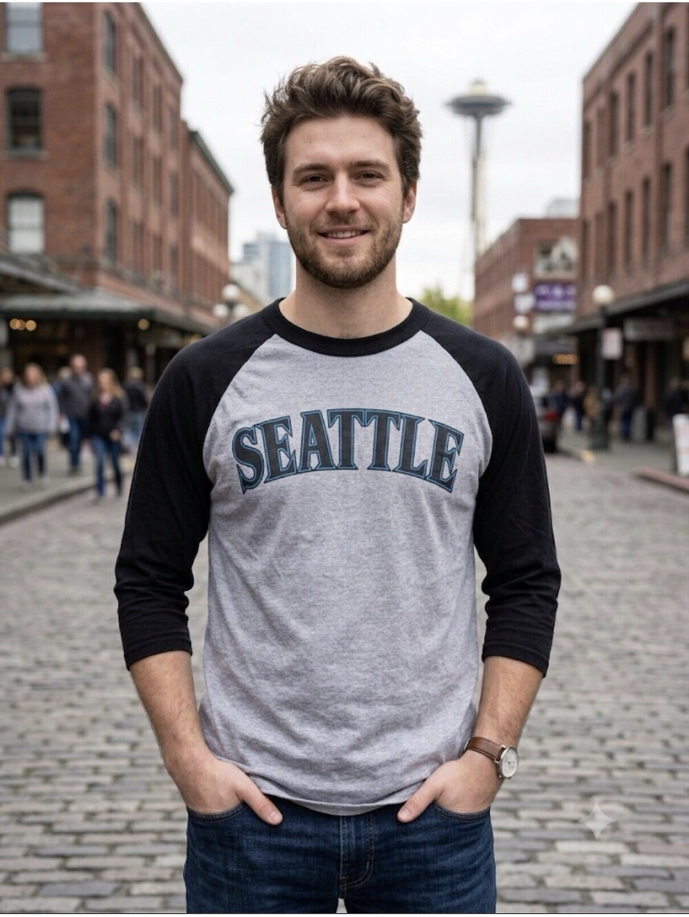 Sport-Tek Seattle Raglan 3/4 Sleeve Shirt Gray Black Baseball Tee Size Small